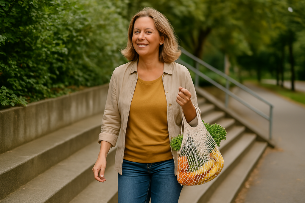 Frau um die 50 geht mit Einkaufstasche eine Treppe im Grünen hinunter – Alltagsszene, die Bewegung ohne Fitnesswahn zeigt.