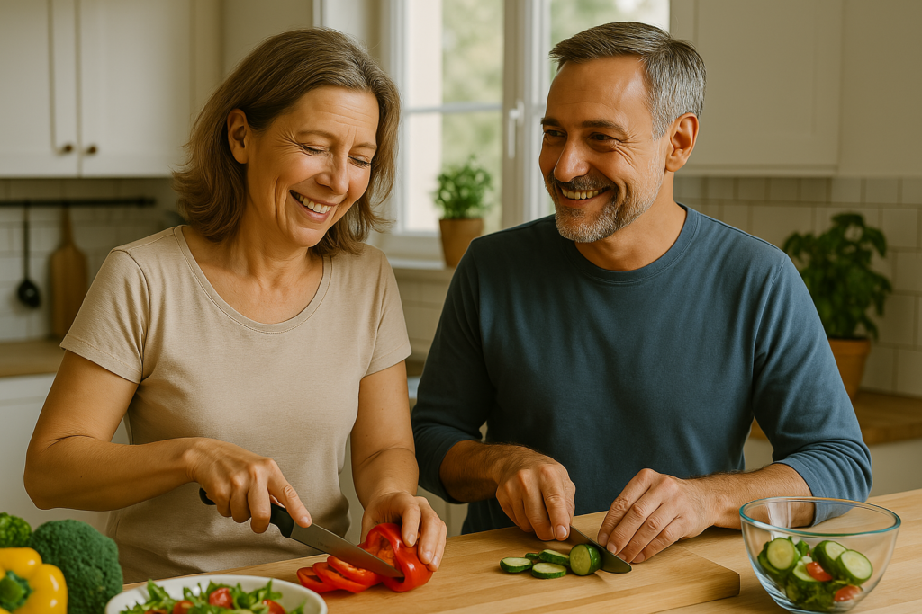 ittelaltes Paar bereitet gemeinsam eine gesunde Mahlzeit in heller Küche zu – Symbolbild für Langlebigkeit, gesunde Ernährung und Vitalität im Alltag.