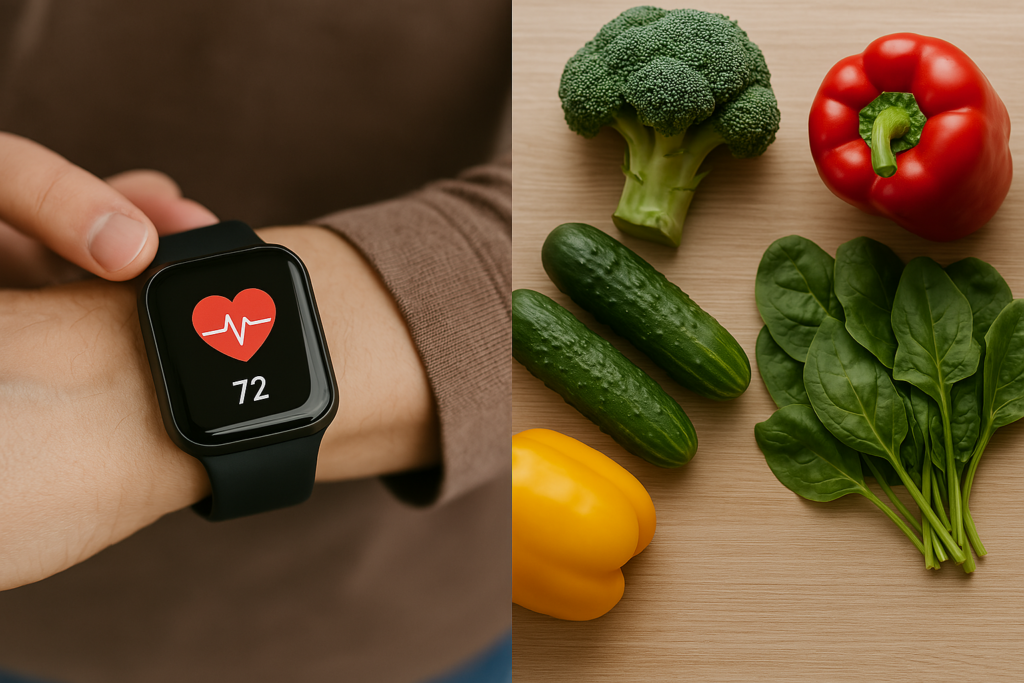 Zweiteiliges Bild: links ein Arm mit Smartwatch und sichtbarem Herzfrequenzwert, rechts frisches Gemüse auf Holz – Kontrast zwischen High-Tech und natürlicher Gesundheitsvorsorge.