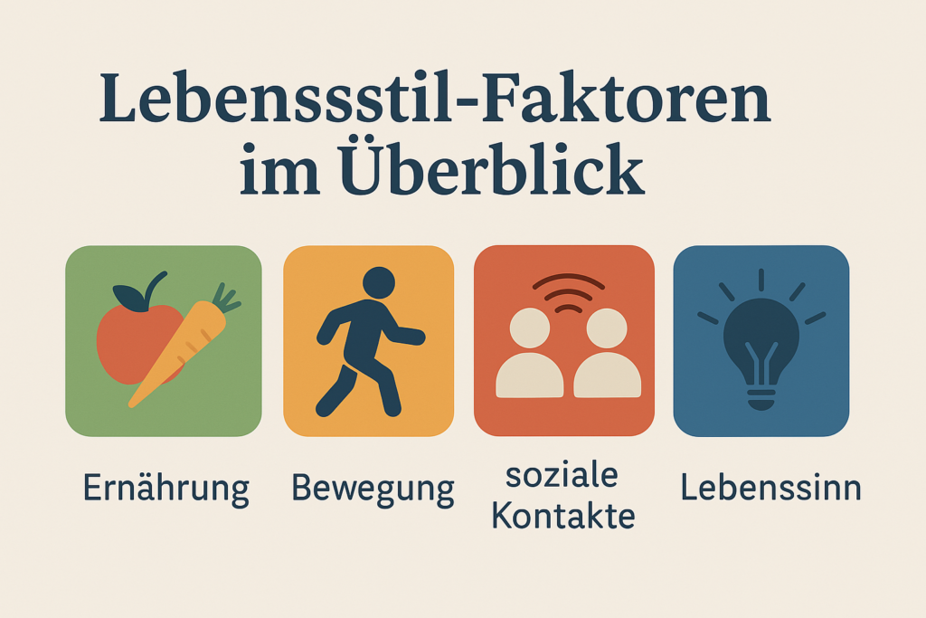 Illustration mit der Überschrift ‚Lebensstil-Faktoren im Überblick‘ zeigt vier Symbole für Ernährung, Bewegung, soziale Kontakte und Lebenssinn – zentrale Elemente für Langlebigkeit und ein gesundes Leben.